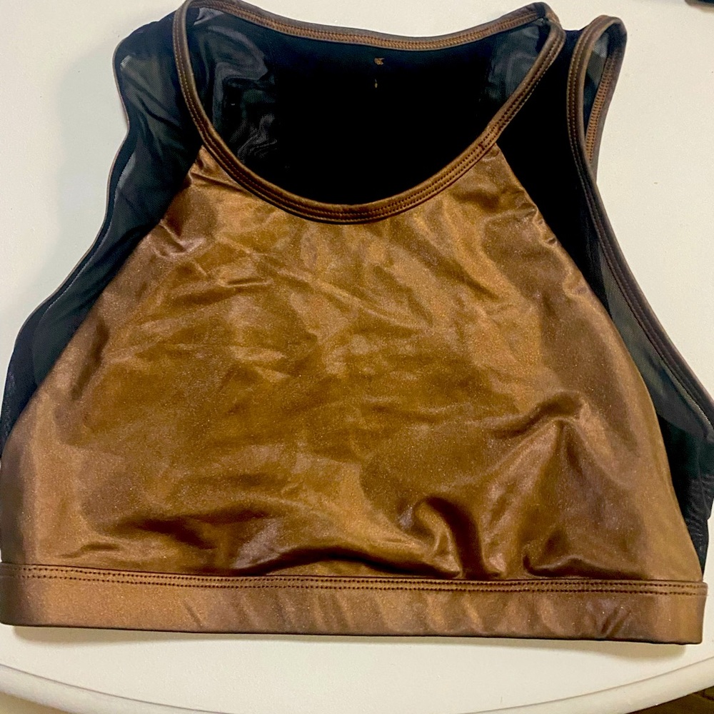 Sexy sports bra gold metallic w/black mesh sz S. Great condition. Power hold
